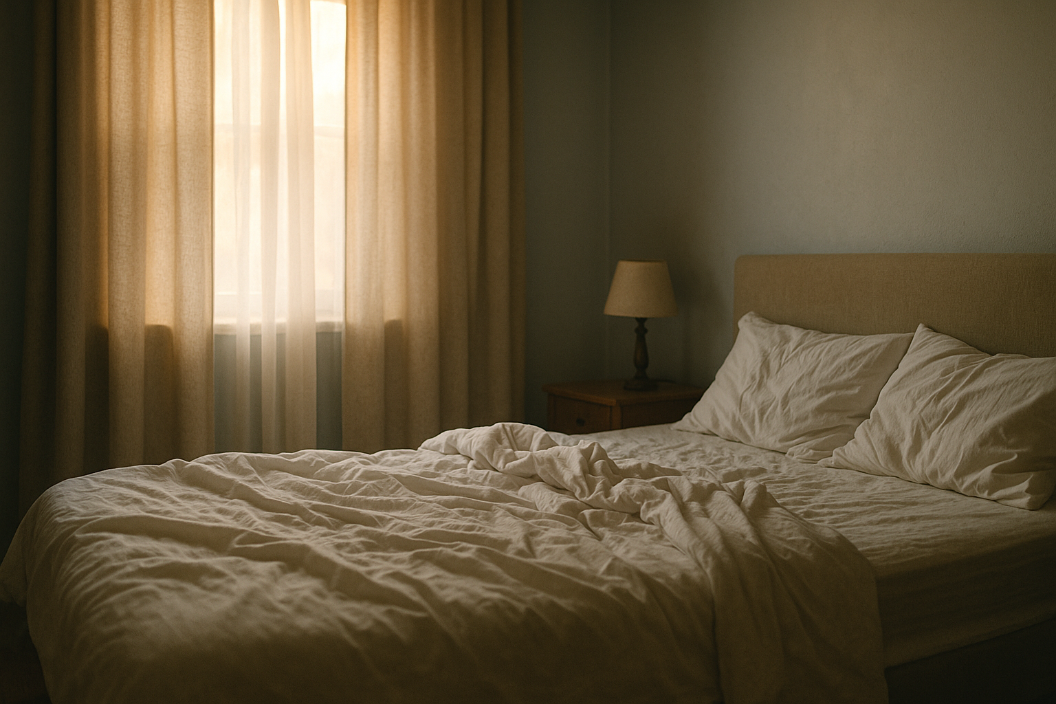 Camera da letto illuminata dalla luce del mattino, letto disfatto: metafora visiva dell'insonnia che accompagna la depressione