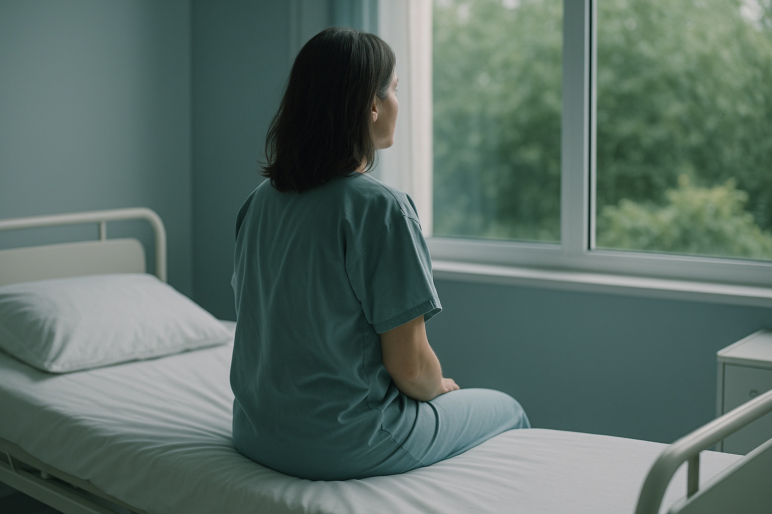 Paziente seduta sul letto di una stanza di ricovero luminosa che guarda il giardino dalla finestra: il percorso di disassuefazione dalle benzodiazepine in ospedale