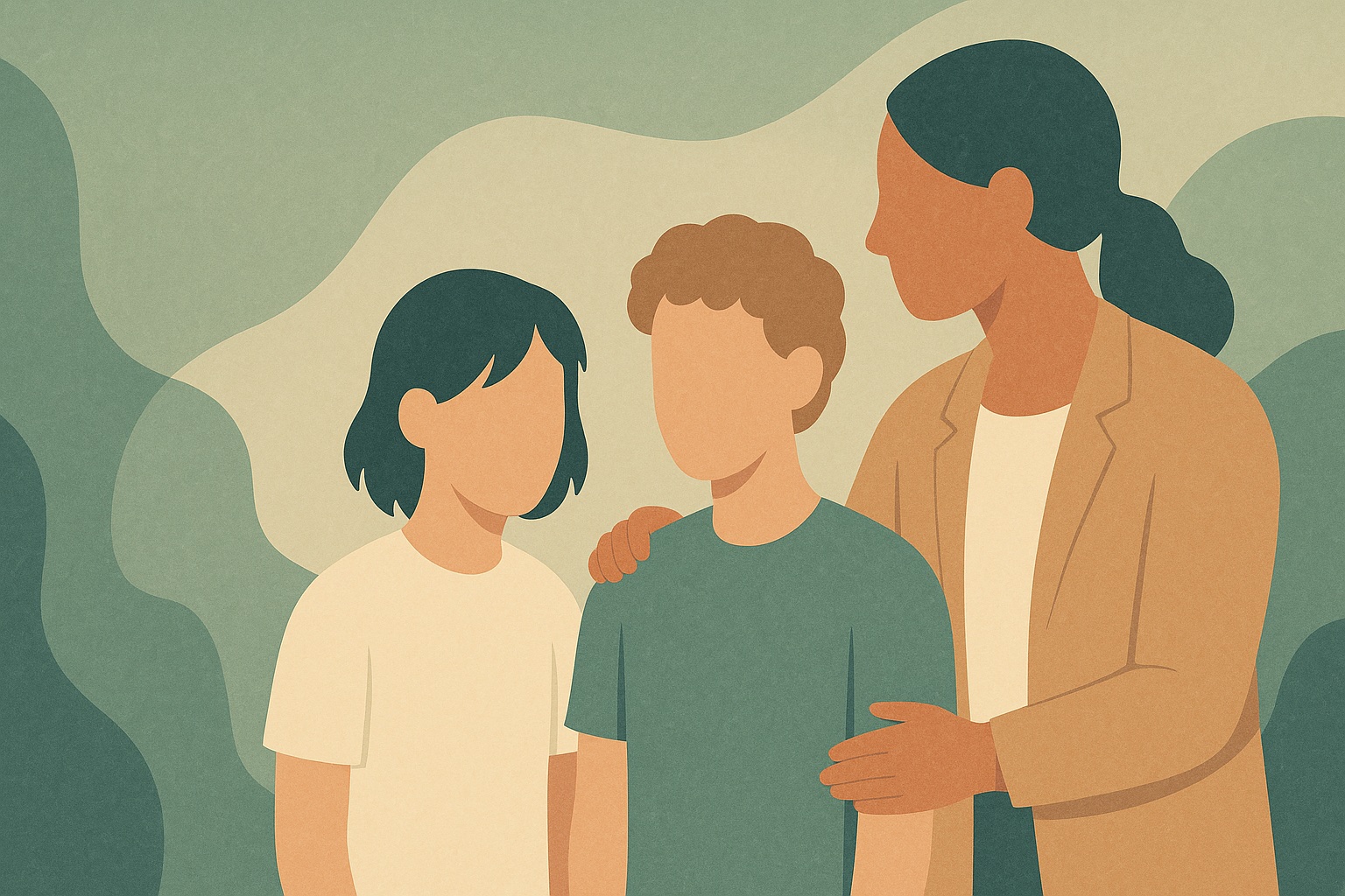 Illustrazione di due adolescenti e una figura adulta di riferimento, evento ECM sulla psicopatologia dell'adolescenza